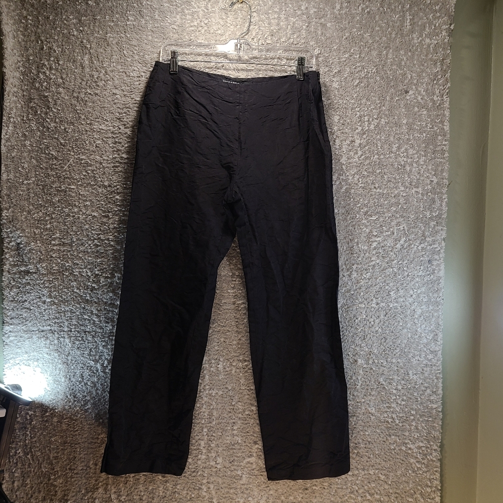 AVERARDO BESSI Made in Italy Cropped Black Pants Silk Size 8 Side Zip Crinkle